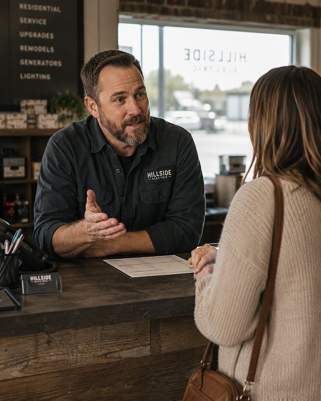 An electrician talking with a customer across the front counter of his shop.